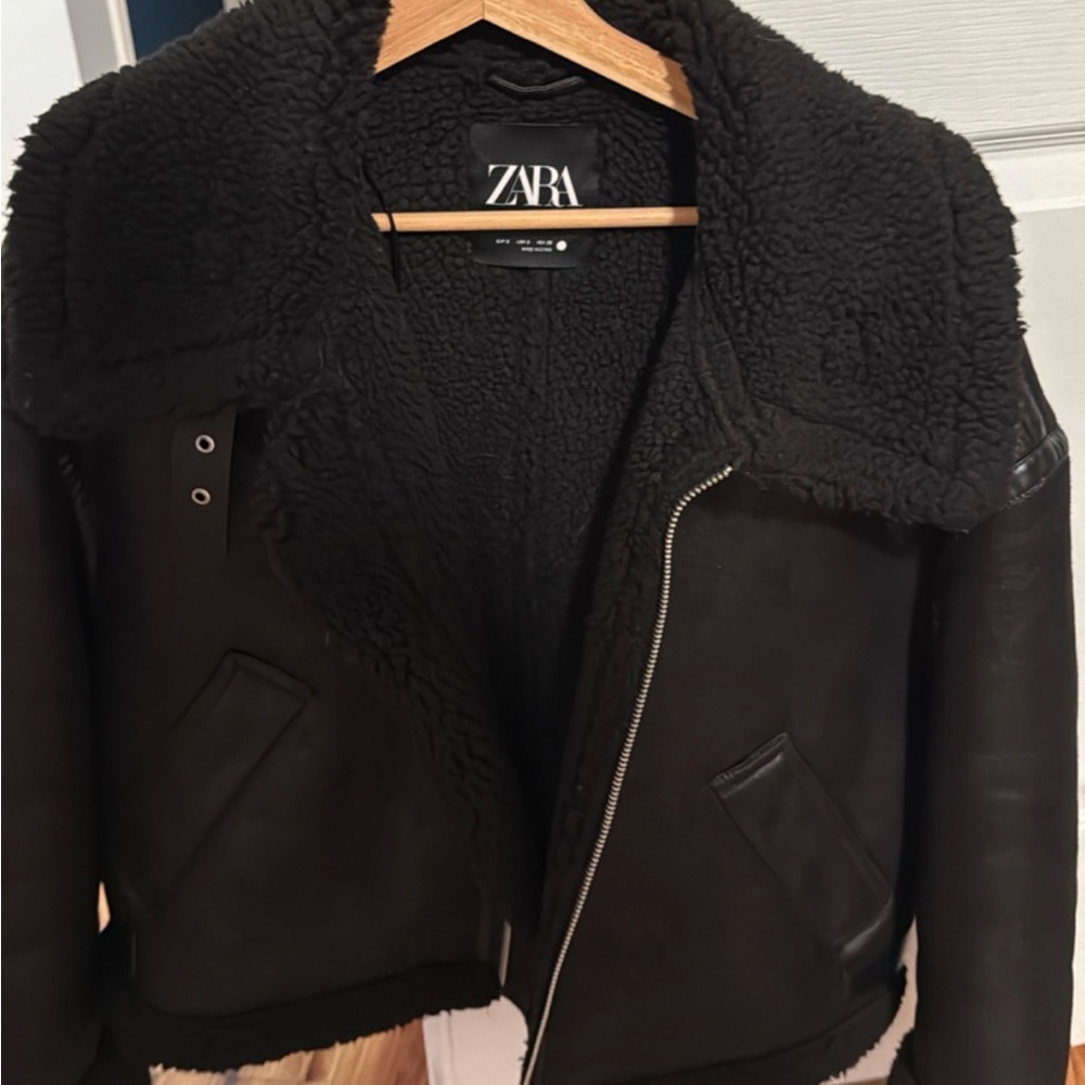 ZARA  trendy with fur double-sided belted Black with faux fur  collar size S - Picture 5 of 5